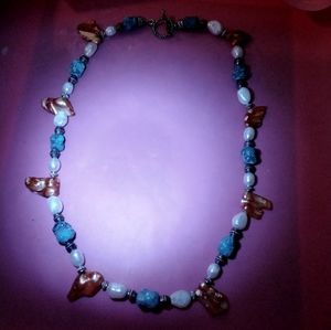 Peach Keishi Pearl, Turquoise and 8mm White Pearl Necklace